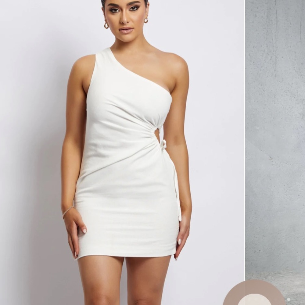 NWT KIRA White One Shoulder Linen Side Cut Out Mini Dress